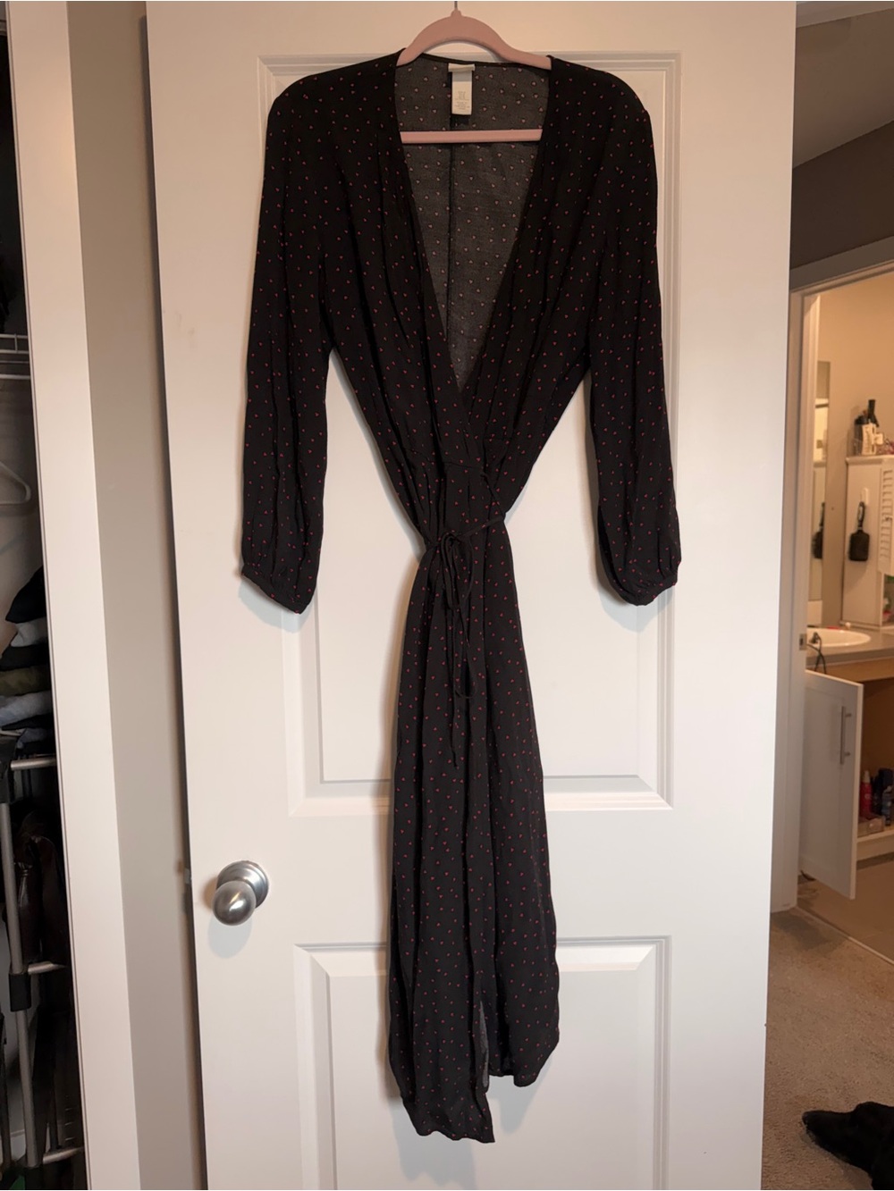 H&M Black Long Sleeve Wrap Maxi Dress with Red Hearts